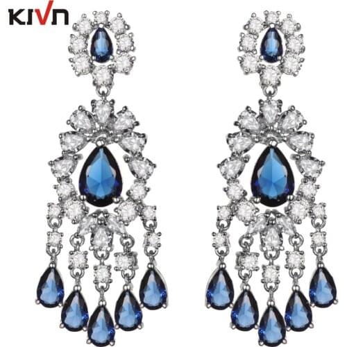 Womens Fashion Jewelry Blue Long Drop Dangle Cubic Zirconia Girls Bridal Wedding Earrings Promotion Christmas Birthday Gifts