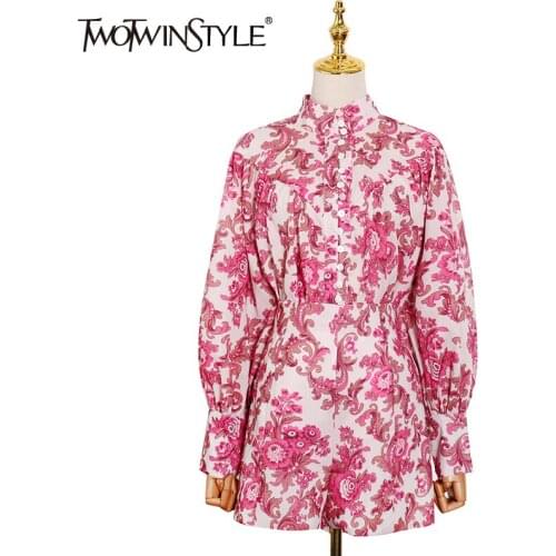 TWOTWINSTYLE Print Casual Two Piece Set For Women Stand Collar Long Sleeve Shirt High Waist Pant Hit Color Sets Female 2021 Tide