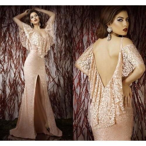 Fashion 2018 Sexy backless Deep V-neck Backless Lace Prom party gown With Shawl Front Slit vestido de noiva bridesmaid dresses