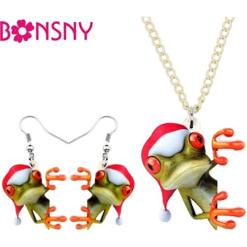 Bonsny Acrylic Christmas Hat Frog Earrings Necklace Earrings Jewelry Sets Children Girl Funny Cute Charms Party Gift Decorations
