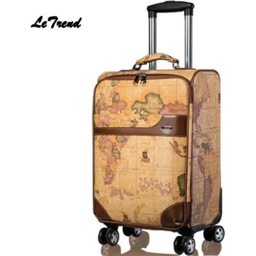 Letrend PU Leather Rolling Luggage Spinner Wheels Suitcases Retro Student Trolley Korean Trunk Carry On Luggage Women Travel Bag