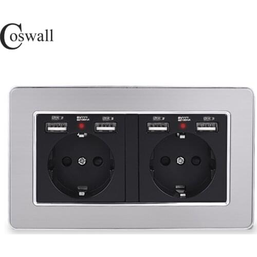 COSWALL Brand 2 Gang Russia Spain EU Standard Wall Socket With 4 USB Charge Port Hidden Soft LED Indicator Stainless Steel Frame