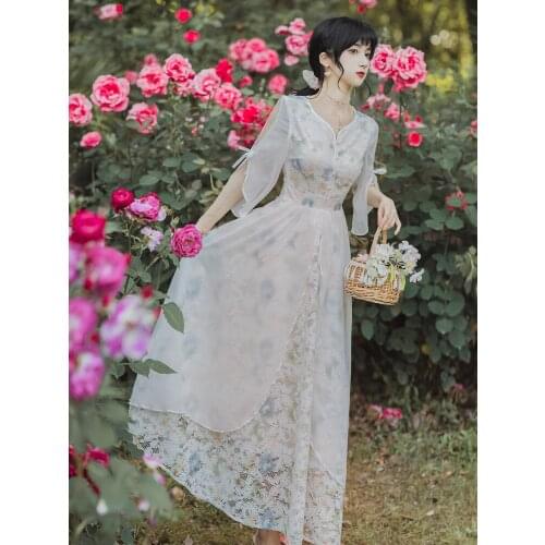 French Retro White Lace Floral Dress Summer Bowknot Strapless Sleeve Chiffon Print Elegant Fairy Dress Vestidos