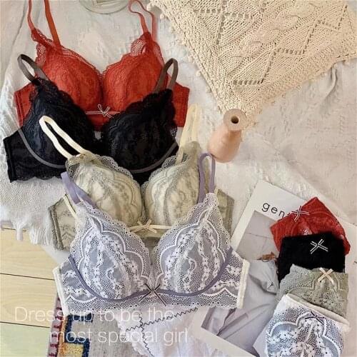 New 4 Color Sexy Lace Green Underwear Wire Free Comfortable Soft Cup Bras for Women Deep V Cotton Push Up Bra Brief Set Lingerie