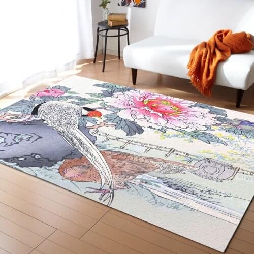 Japanese Style Carpet Chicken and Peony Flowers Vintage Carpet for Home Living Room Bedroom Bedside Decor Large Area Rug