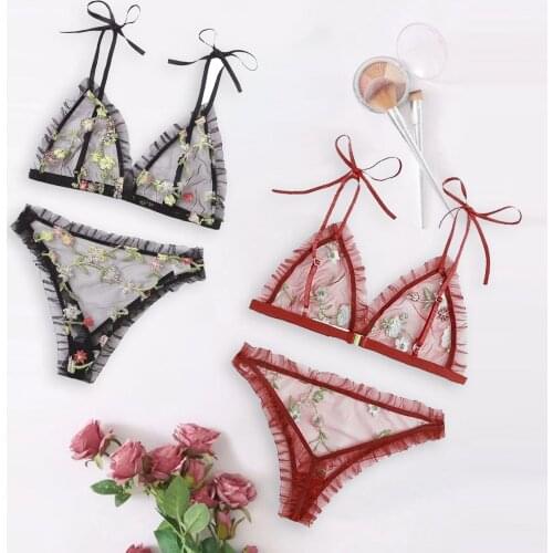 Embroidery Lace Transparent Erotic Lingerie Set Lace Costume Lingerie Lace Bras Thong Womens Underwear Set