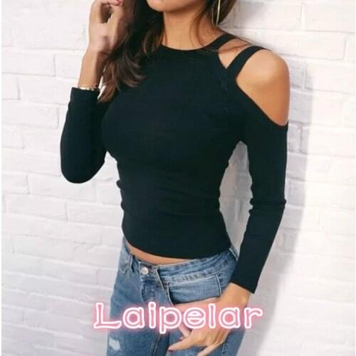 Laipelar Autumn Winter Women Sexy Black Knitting T Shirt Womens Fashion Off Shoulder Long Sleeve T Shirts Female Casual Tops