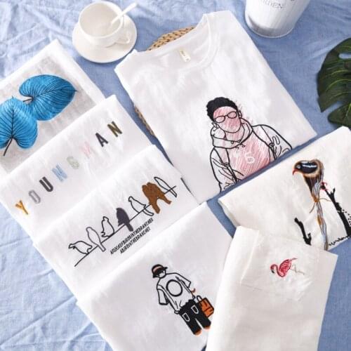 Summer Men New Street Trend Printing Short Sleeve Letters Retro T-shirt Mens Round Neck Fashion Cotton linen Casual Slim Tshirt