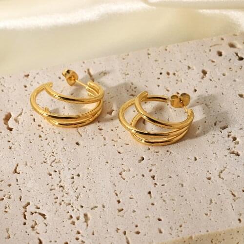 Trendy Statement Circle Earrings Three Triple C Shape 316L Stainless Steel Hoop Earrings For Women