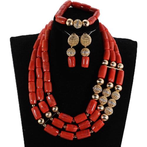 Fashion 3 Layers Coral and Gold African Beads Jewelry Set Nigerian Wedding Original Coral Beads Designs Brides Gift CNR875