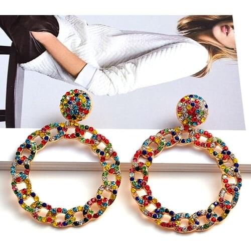 New Statement Round Metal Colorful Crystal Drop Earrings High-Quality Rhinestones Jewelry Accessories For Women Wholesale