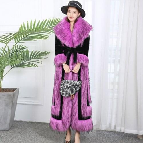 New Style Fox Fur Collar Coat Overcoat Women X-long Fur Jacket Coat Fashion Woman Warm Splice Fur Coats Temperament Slim Jackets