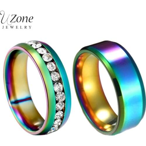 UZone Classic Rainbow Colorful Ring For Women Men 8mm Titanium Steel Crystal Wedding Bands Size 5-13