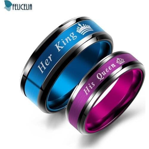 Felicelia 2Pcs Matching Set Stainless Her Queen & His King Couple Rings For Lovers Gift