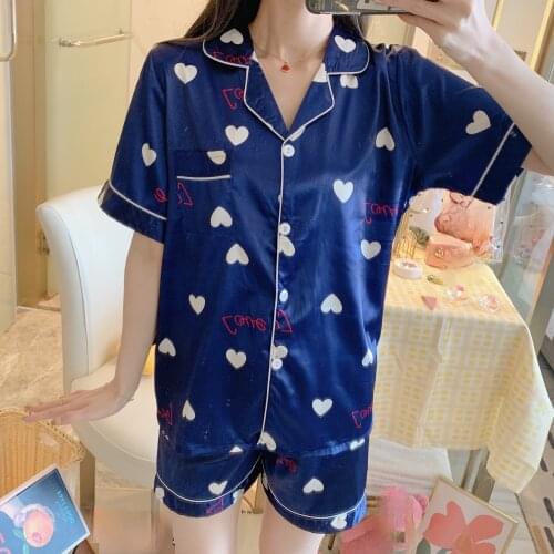 Print Heart Style Summer Short Sleeve Silk Pajamas Set Two Pieces Set Women Sleepwear Soft Nightwear for Women Sleepwear Set