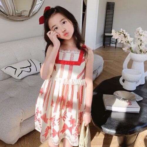 Girls' dresses 2021 summer pre-sale new products bow pattern printing sleeveless sweet dress