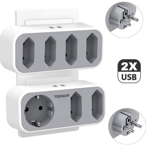 TESSAN European Extension Socket Portable Travel Adapter for EU Plug Outlets Expander with 2 USB Ports 5V/3A for Phone Charging
