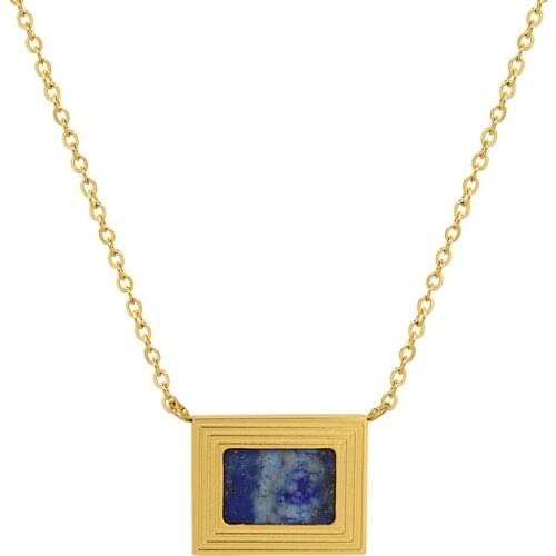 Vintage Square Lapis Stone Pendant Necklaces Waterproof Stainless Steel Chain Clavicle Necklaces For Women Jewelry Party Gift