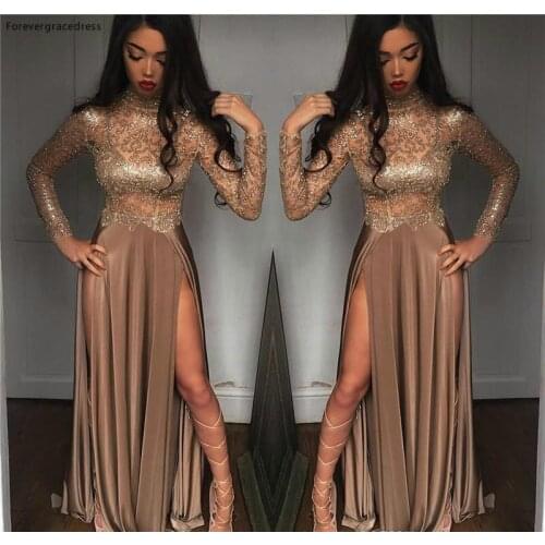 Vintage High Collar Long Sleeves Evening Dress Cheap Lace Split Formal Holidays Wear Graduation Party Gown Custom Made