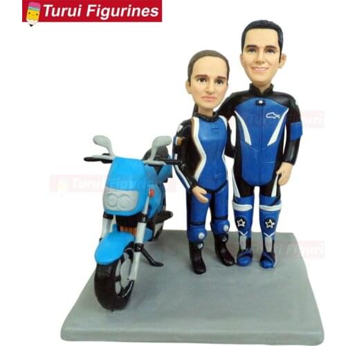 Lovers couple motocycle wedding cake topper motorbike figurines custom bobblehead figurines for motorcyclist mini statue sculptu