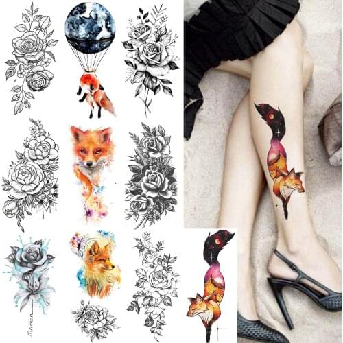 Watercolor Fox Flash Temporary Tattoo Sticker For Women Rose Flower Arm Tatoos Body Leg Art Disposable Fake Tattoo Paper Makeup