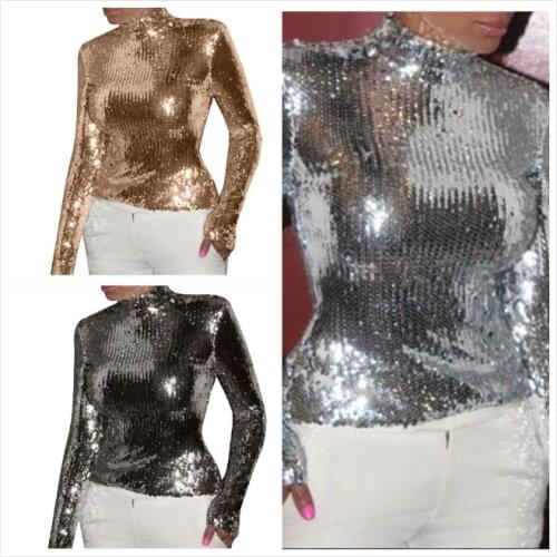 2021 Women Fashion Summer Bling Glitters Sequins Sexy Long Sleeve Turtleneck T-shirt Streetwear Classic Tee Top Casual T Shirts