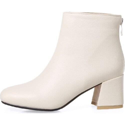 Spring Winter Boots Women Thick Heels Ankle Boot For Women Square Toe Pu Casual Short Boots Shoes Ladies 2020 New Large Size 48