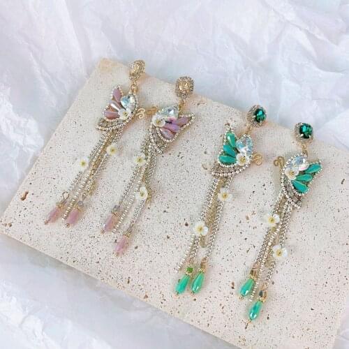 Korean Elegant Green Crystal Pearl Long Tassel Earrings for Women Flower Petal Drop Earrings Wedding Party Jewelry