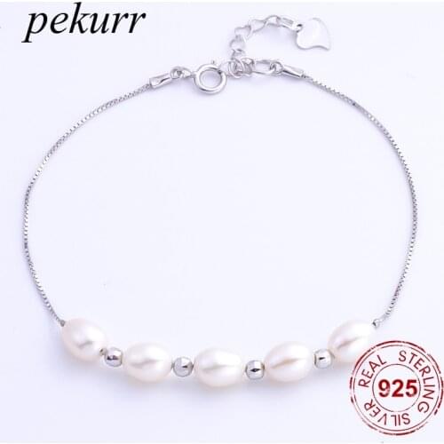 Pekurr 100% 925 Sterling Silver 4 Beads & 7.3mm Oval Natural Freshwater Pearl Bracelet For Women Fine Jewelry Girl Bangle