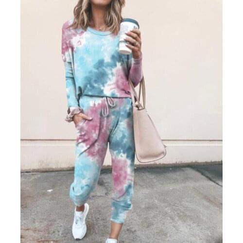 2020 New Woman Sportswear Long Sleeve Shirt Print Pullover O-Neck Hit Color Casual Tracksuit Suit Female