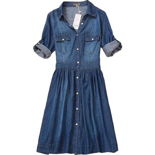 Women knee length Denim Dress autumn clothing plus size Blue Jeans dress elegant spring slim casual cowboy Dresses vestidos