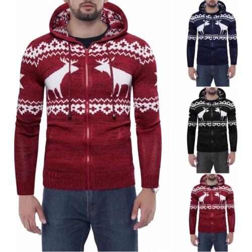 2020 Full and Winter Mens Fawn Christmas Knitted Sweater Men Cardigan Zipper Hooded Jacket Mens Warm Coat Korean Clothes