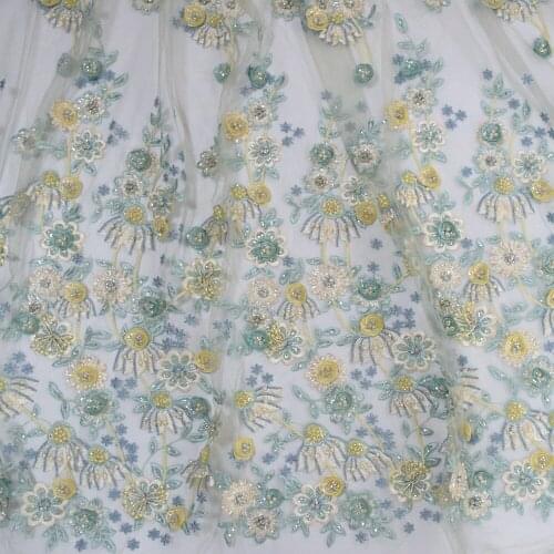 2021 French Fresh Floral Lace Fabric for Dress Embroidery Handmade Beaded Lace for Wedding HY0875-6