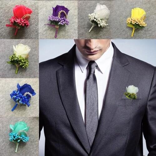 Wedding Groom Boutonniere For Prom Homme Marriage Corsages Man Roses Brooch Pins Bridesmaids Artificial Flower Ribbon Decor
