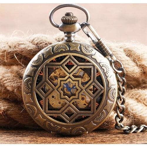 Bronze Hollow Flower Mechanical Hand Winding Pocket Watch Roman Numerals Display Antique Pendant Pocket Clock Male