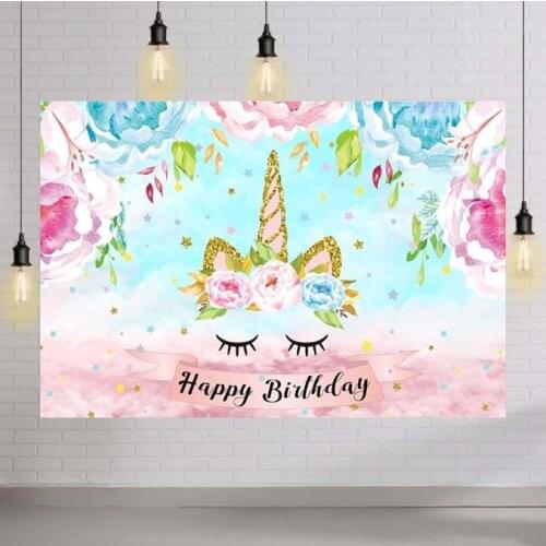 Unicorn Birthday Party Backdrop Pink Floral Newborn Birthday Party Photography Background Golden Glitter Unicorn Sweet Girls