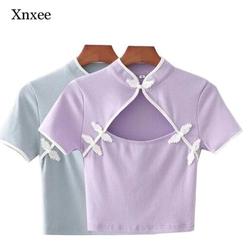 Chinese Style t Shirt Women Summer Sexy Hollow Out Short Sleeve Tops Fashion Cheongsam t Shirts Crop Top Women Clothing Vest