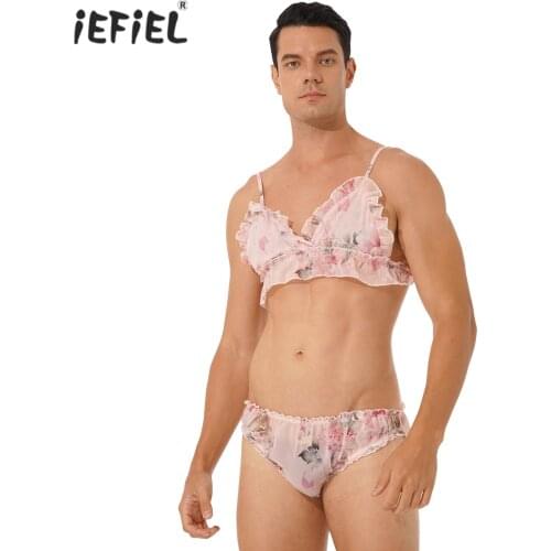 Mens Two-piece Lingerie Set Flower Strawberry Printing Ruffled Set Sissy Gay Nightwear Adjustable Straps Bra Tops with Briefs