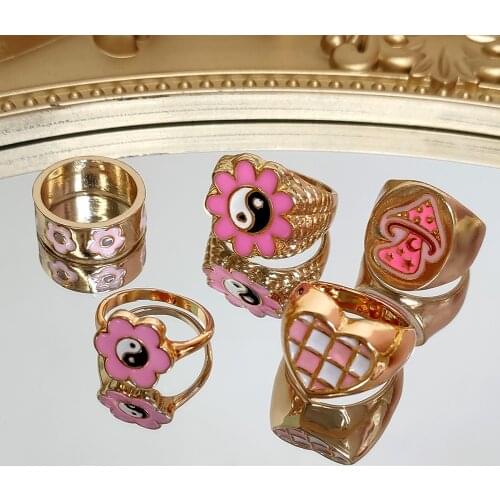 Korean Y2K Pink Enamel Mushroom Chunky Metal Ring For Women Girls Flower Yin Yang Drip Glaze Rings Trendy Party Jewelry Gifts