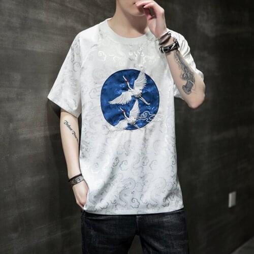 Summer Crane Embroidery Top Traditional Chinese Clothing For Men Vintage Tshirt Asian Streetwear Tang Suit Kung Fu Clothes 30452