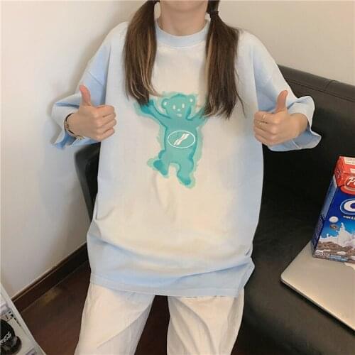 Summer college style bear print half-sleeved mid-length loose cotton T-shirt all-match casual women