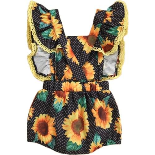 Hot-Selling Good Quality Childrens Clothing 2021 Summer New Baby Girl Sunflower Print Bow Tie Square Neck One-Piece Romper