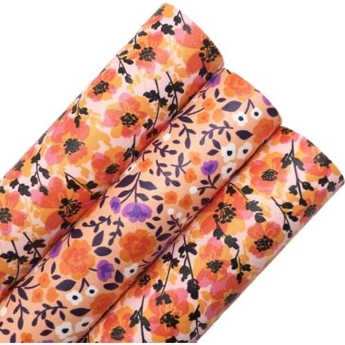 Orange Flowers Printed Synthetic Faux Vinly Leather Fabric Sheets Felt Backing leather for Bows Earrings Bags DIY 21X29CM 6S71B