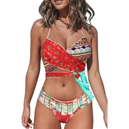 Multicolor Bohemian Tropical Print Bikini Set Women Fashionable Tropical Print Crossed Wrap Bikini Top Bikini Panty Swimwear