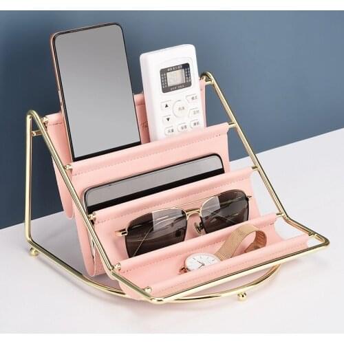 Multi-Layer Iron Leather Storage Rack Remote Control Display Shelf Desktop Holder Cosmetics Organizer
