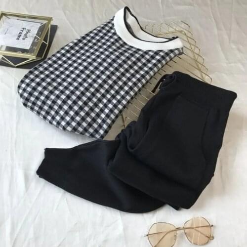Fashion Plaid Knitted Two Piece Set Women Casual Elastic Tops Women 2021 Pants Sets Spring Vintage Suit Pullover Womens Outfits