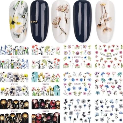 36 pieces flower nail stickers watercolor flowers ink black Rose band stripe pattern sliders filigree Nail Art decor