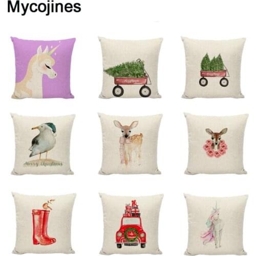Merry Christmas Unicorn Gifts Cushion Covers Farmhouse Happy New Year Tree Deer Linen Pillow Case Home Decor Living Room Couch