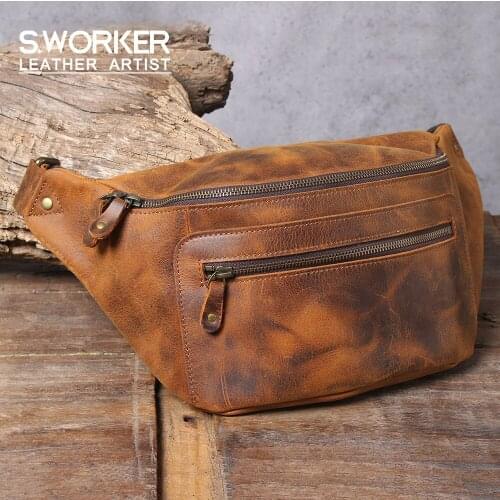 S.WORKE Vintage Genuine Leather Mens Chest Bag Shoulder Bag Cross body Bag Crazy Horse Cowhide Handmade Women Fashion Waist Bag