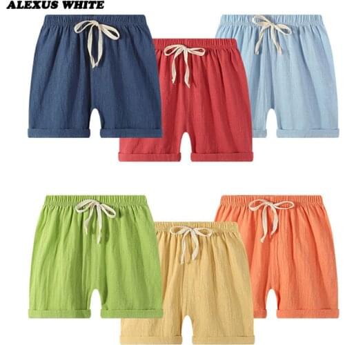 Cotton Linen Straight Short Pants Summer Children Kids Boy Girl Casual Shorts Elastic Waist Pants Clothes Beach Shorts LGKL33